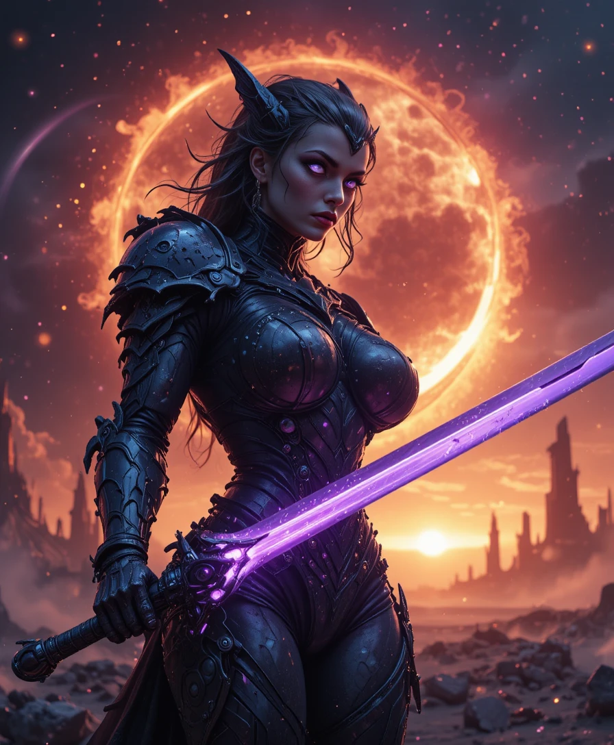Dark paladin woman with violet runeblade in alien eclipse