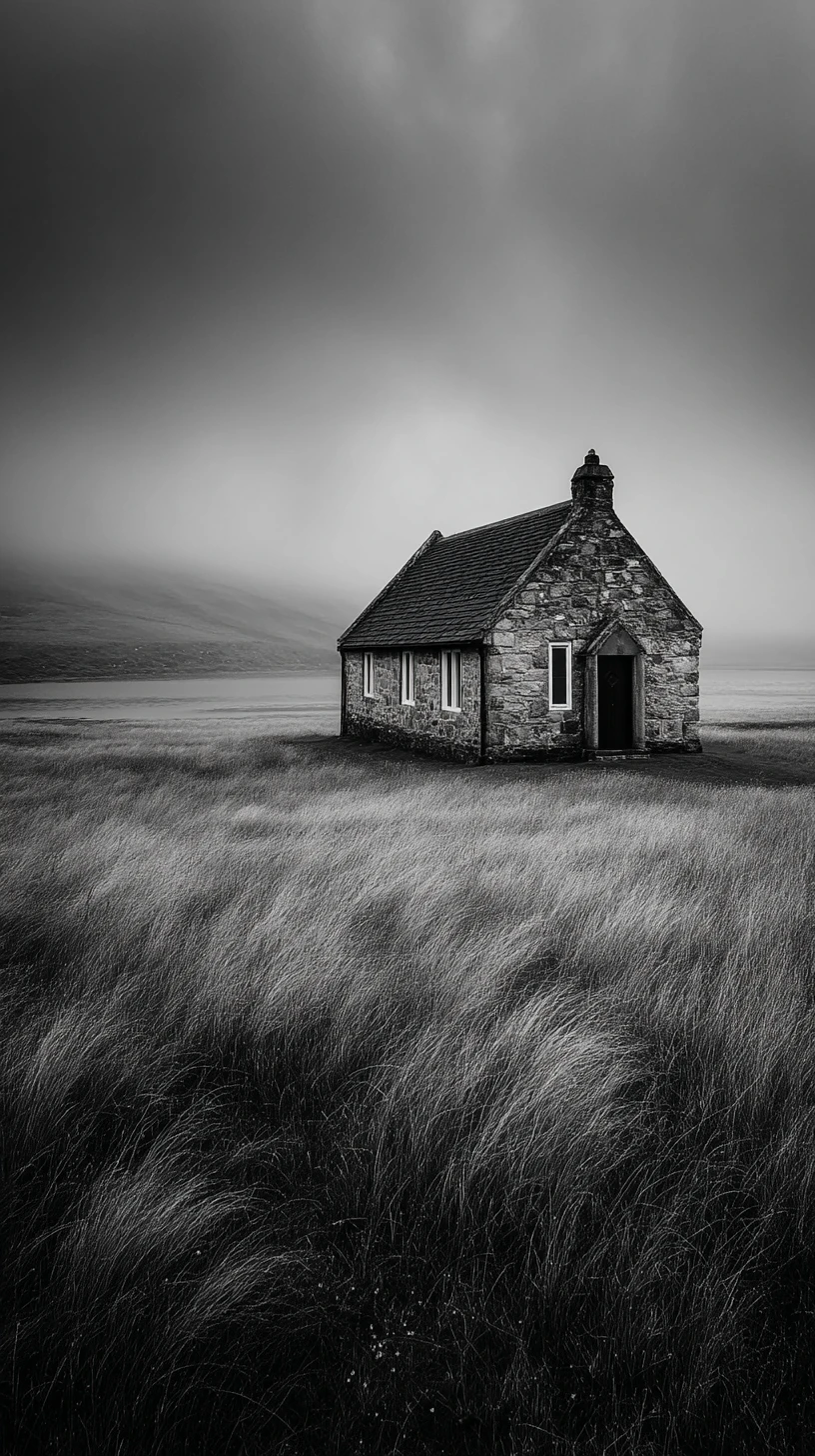 Foggy Scottish meadow with an abandoned stone countryside chapel