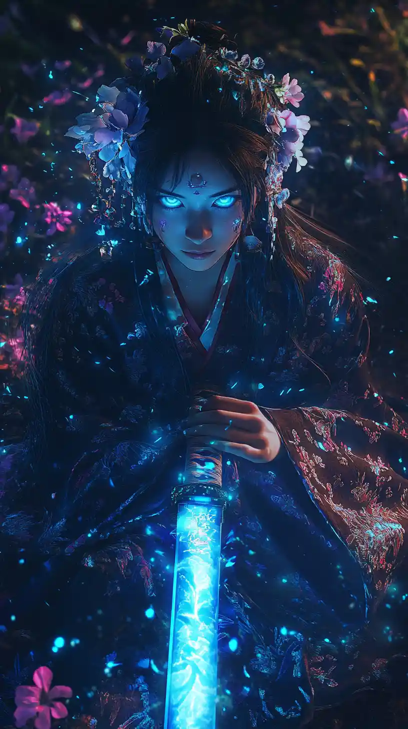 Kunoichi girl with blue energy katana in forest