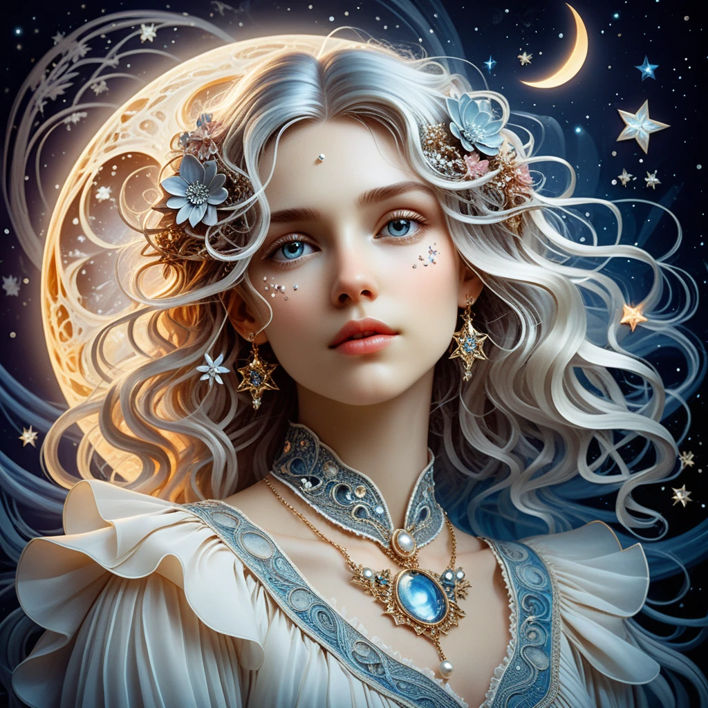 Silver haired girl glowing against a mystical moonlit sky