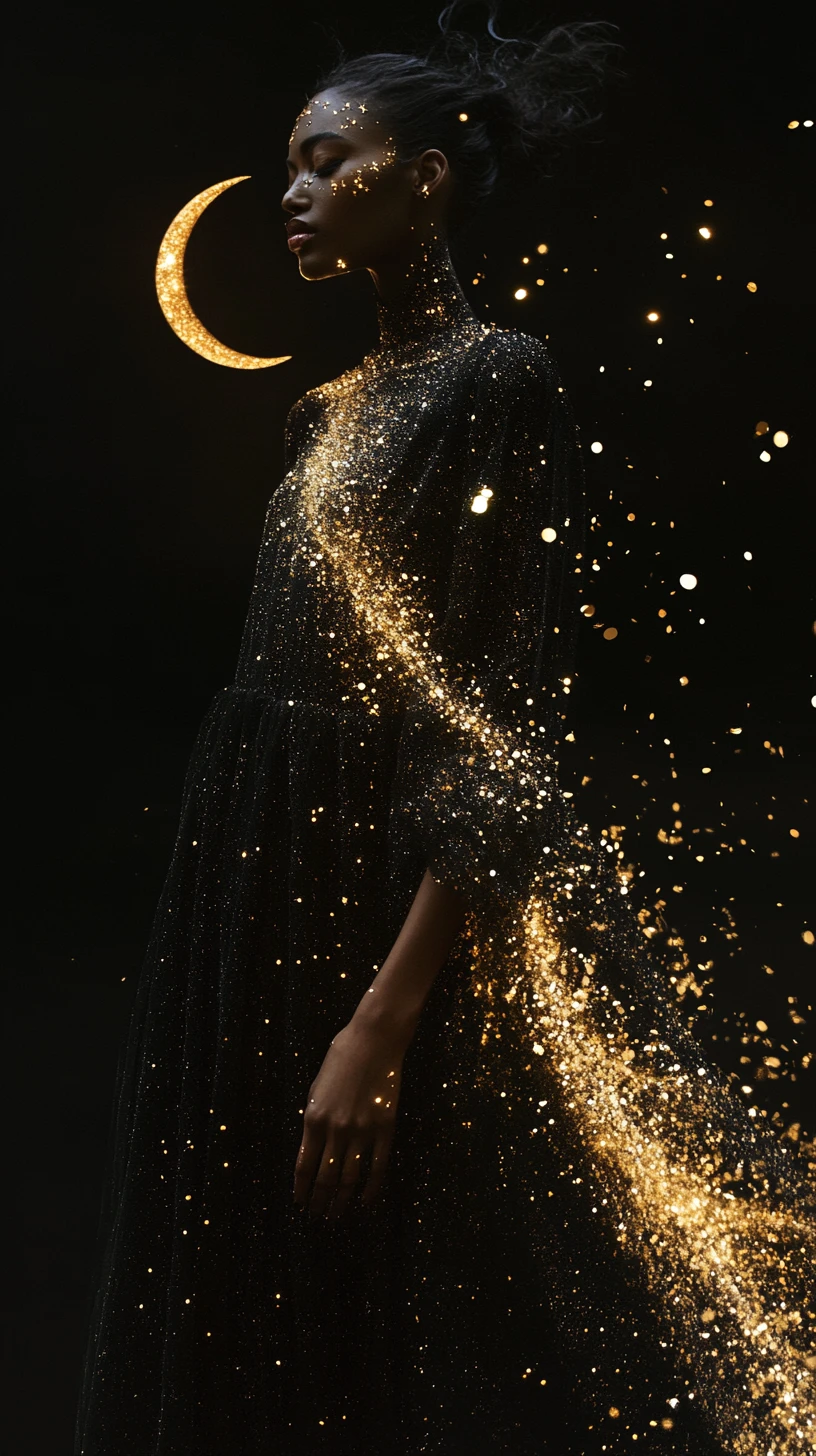 Surreal fashion woman with cascading star dress and moon