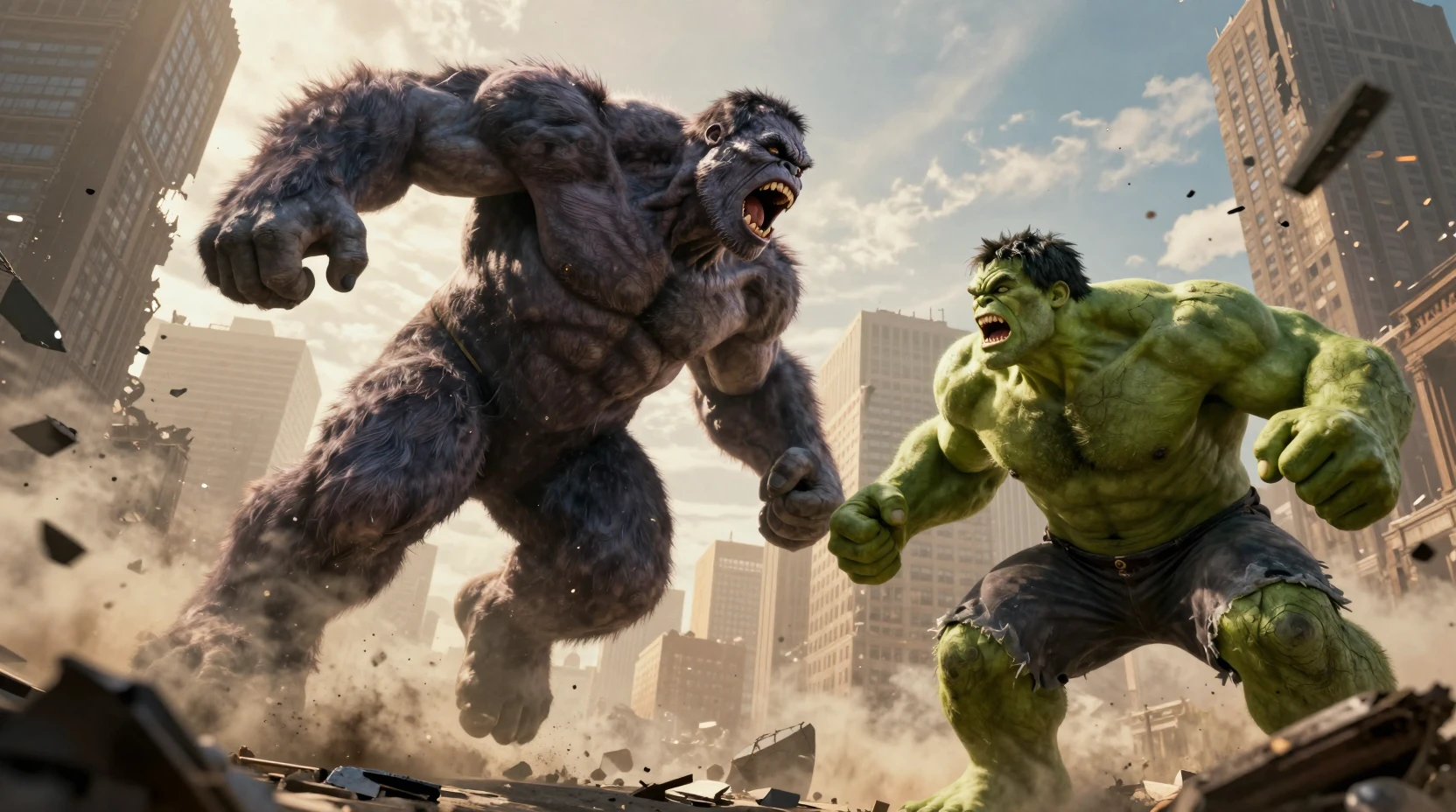 Giant monsters clash in a devastated modern city
