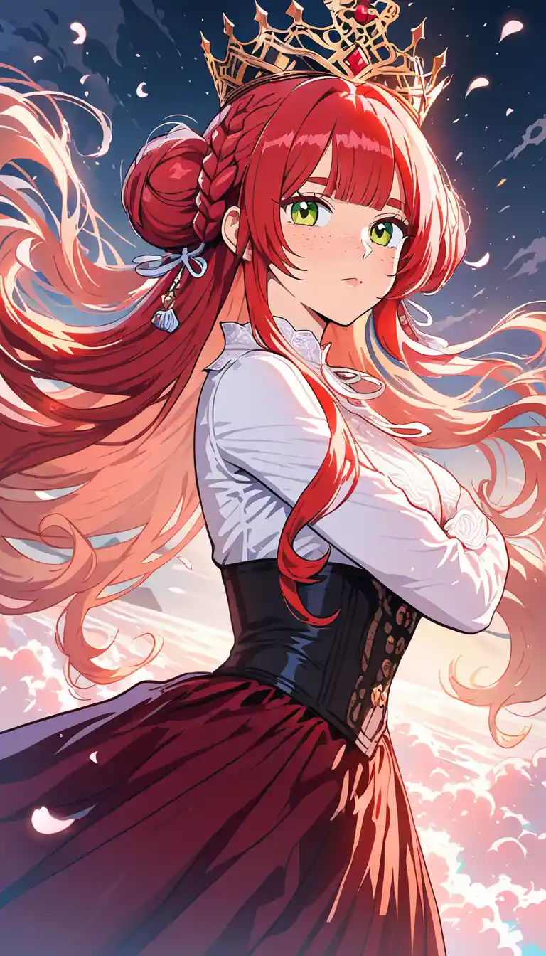 Red haired anime girl smiling in sunrise outdoor scene