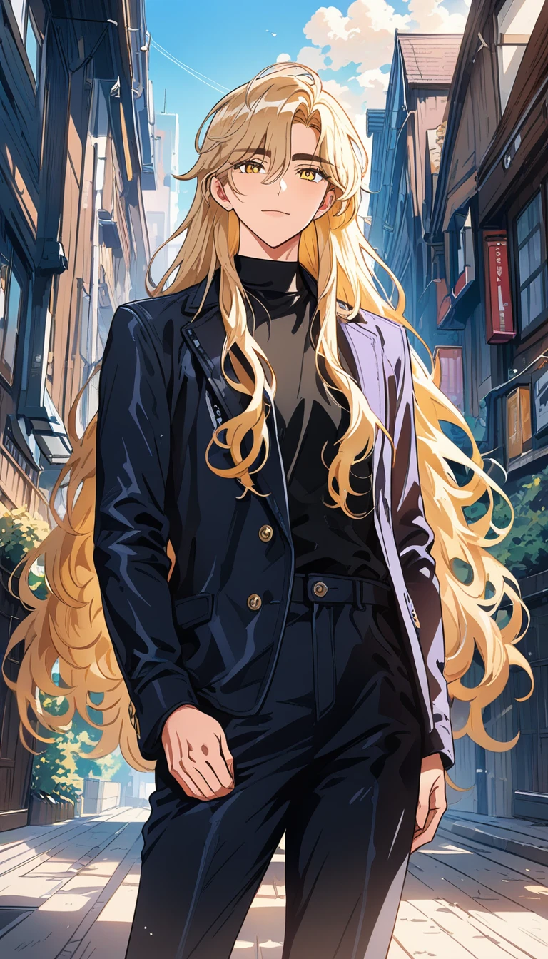 Tall golden haired man standing outdoors at sunrise