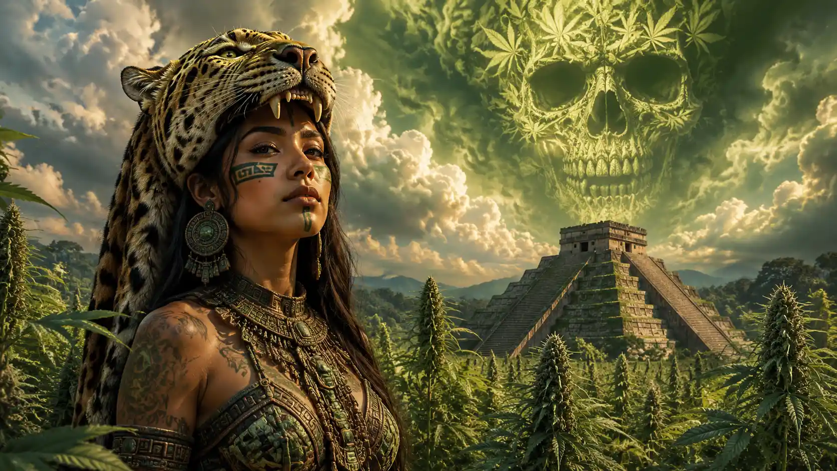 Aztec woman in jaguar headdress in marijuana field