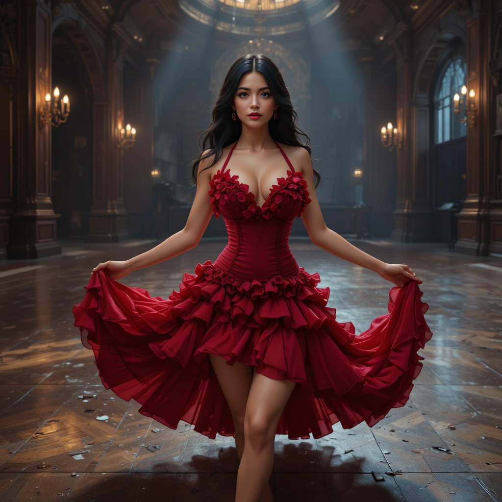 Spanish woman in red flamenco dress on empty dancefloor