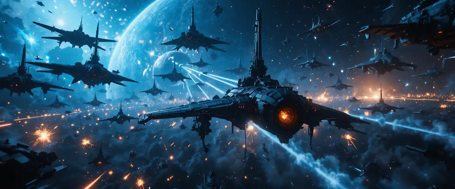 Colossal starships locked in a massive interstellar space battle