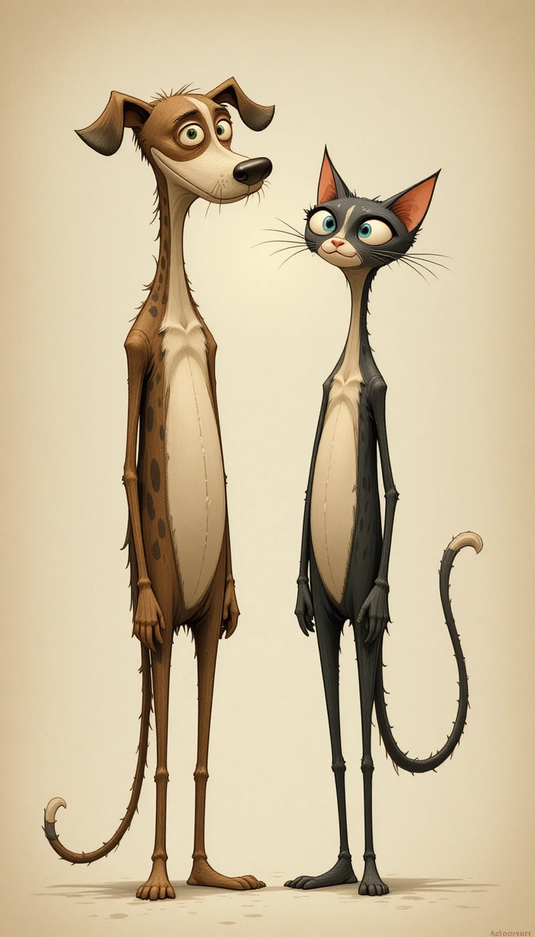 Whimsical tall dog and cat as quirky best friends