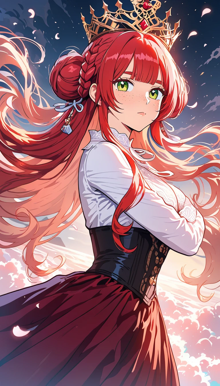 Fille d’anime rousse souriant dans une scène en plein air au lever du soleil