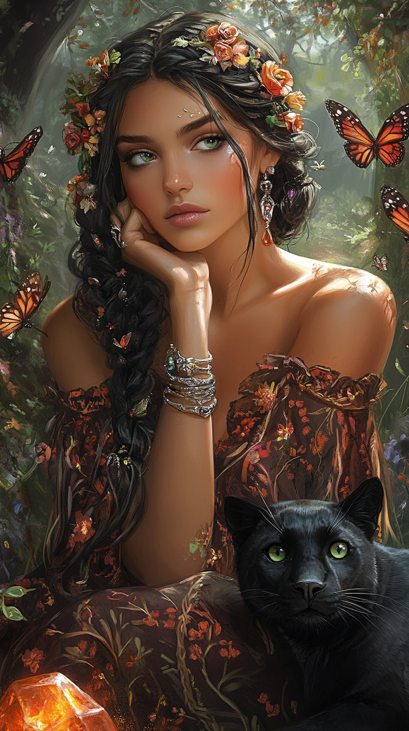 Thoughtful woman with braided hair in a mystical forest