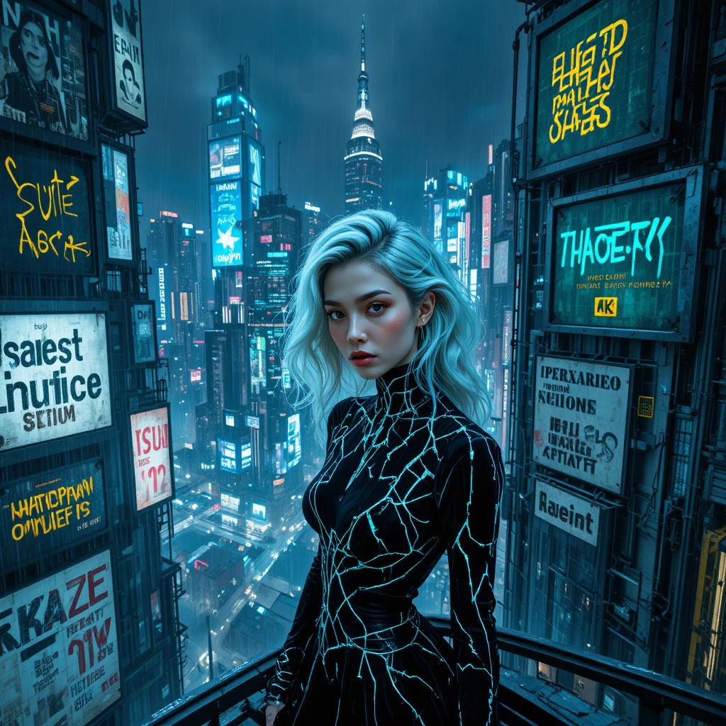 High fashion woman on futuristic tower above neon city