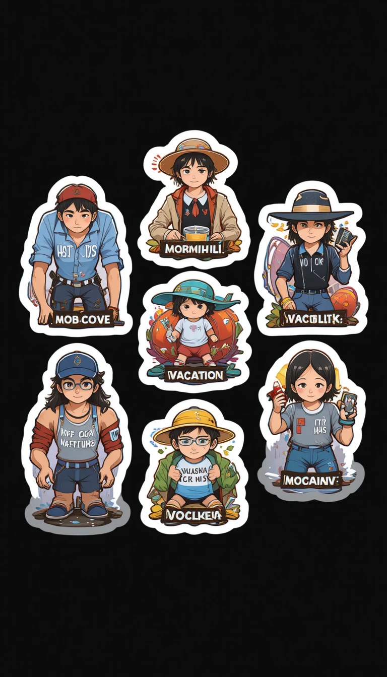 Cartoon vacation sticker pack with bold glossy characters