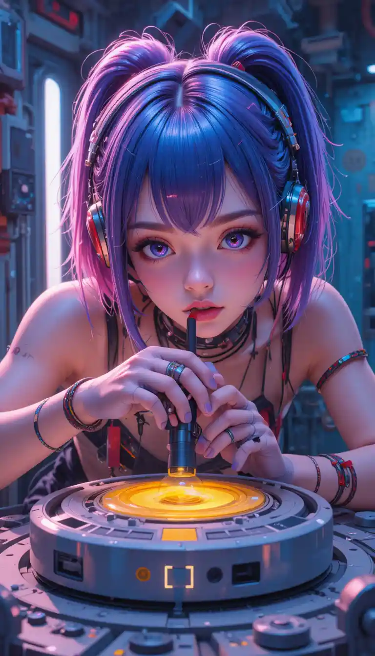 Cyborg anime girl tuning a glowing round device