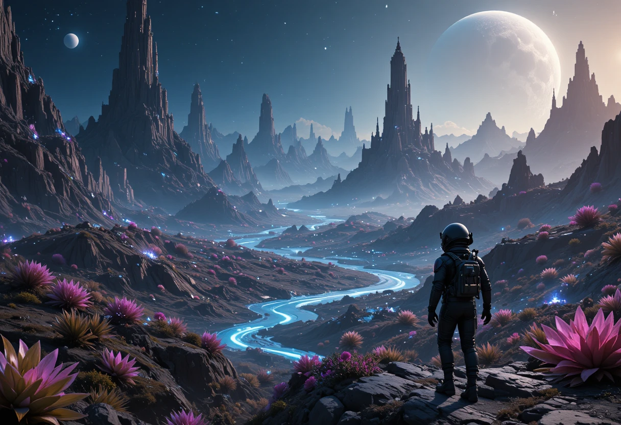 Astronaut Exploring Alien Planet With Glowing Flora And Rivers