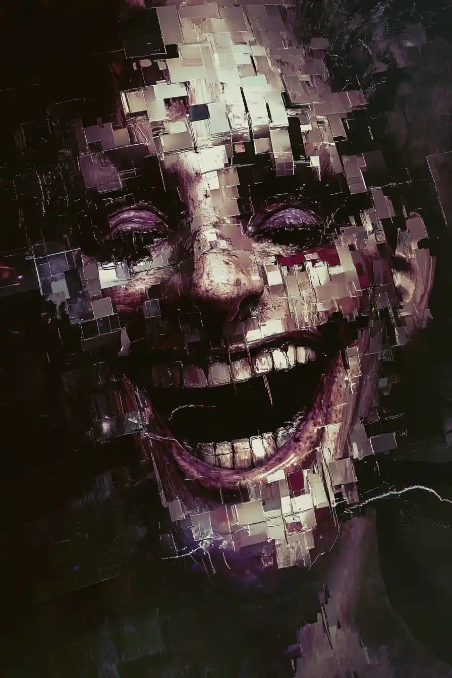 Smiling portrait with fractured pixels and static noise
