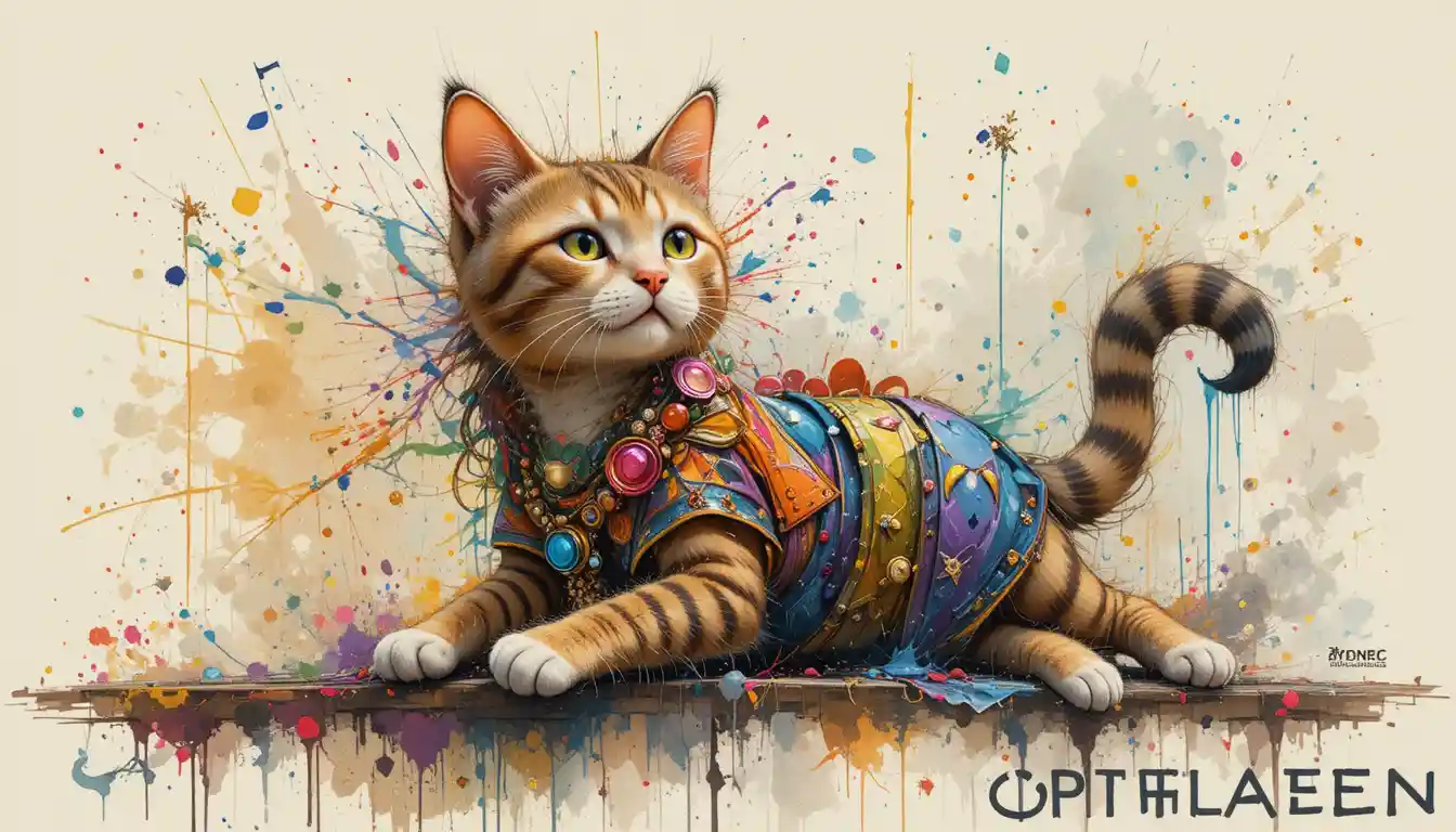 Hippie cat listening to music on a colorful city sidewalk