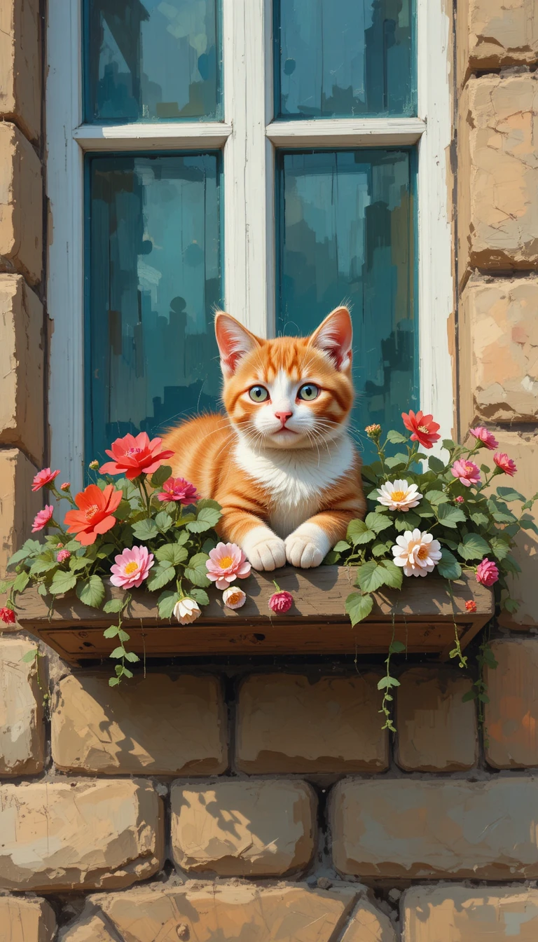 Red and white kitten resting on a stone windowsill
