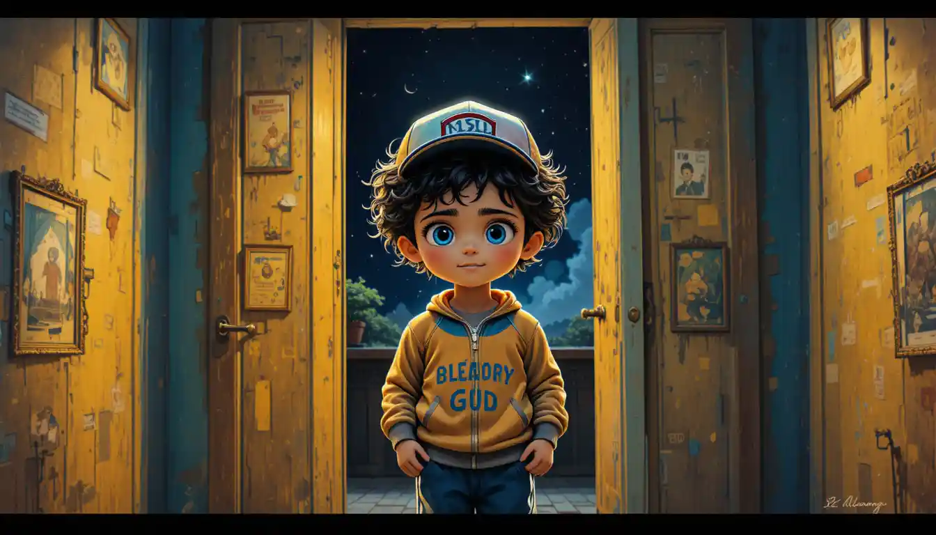 Young child before magical bathroom mirror and starry door