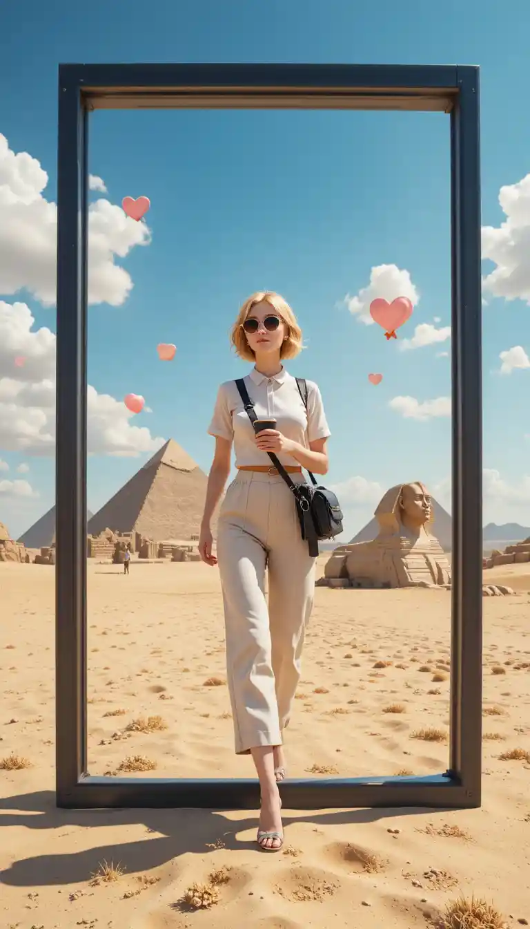 Stylish young designer stepping through virtual social frame