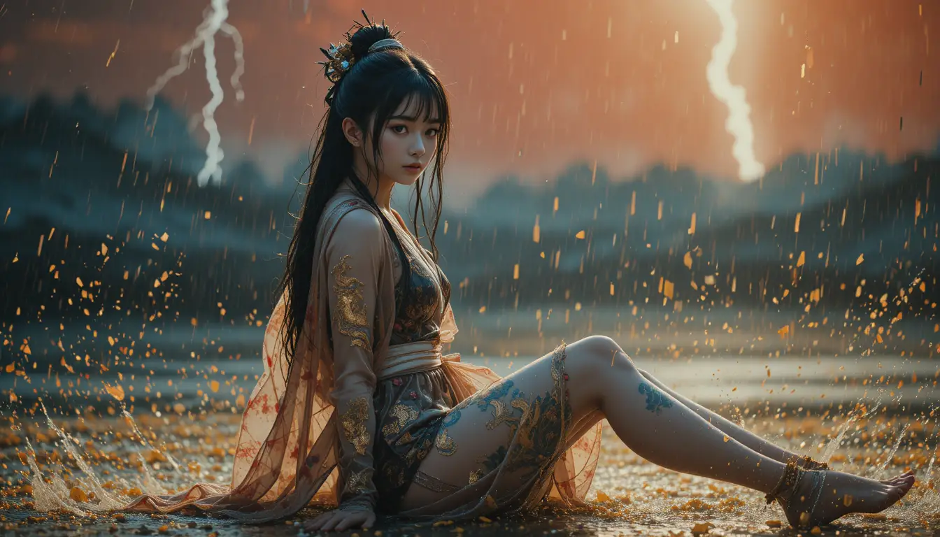 Fierce Japanese woman with bladed fan in golden rain