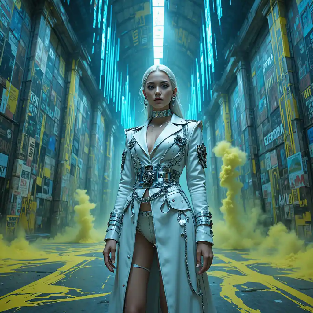 Futuristic fashion woman in neon lit underground studio
