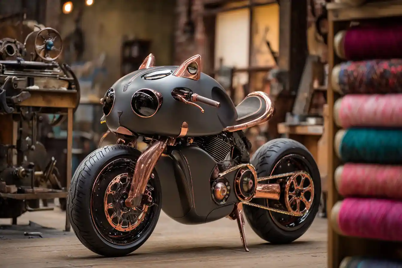 Moto personalizzata per gatti in una accogliente officina artigianale