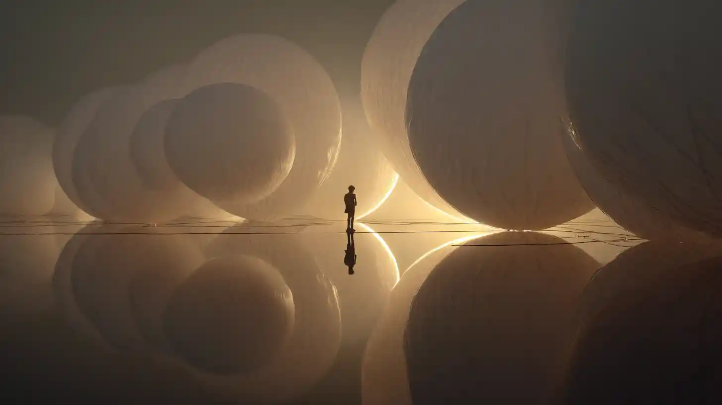 Surreal balloon orb above a mirrored reflective landscape