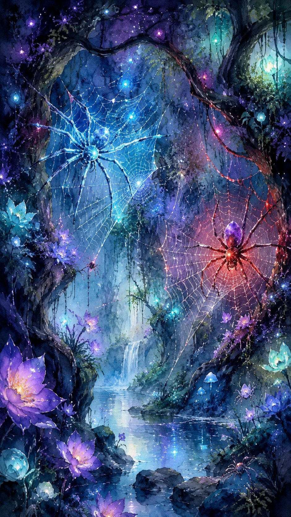 Luminous spiders weaving glowing webs in a hidden grove