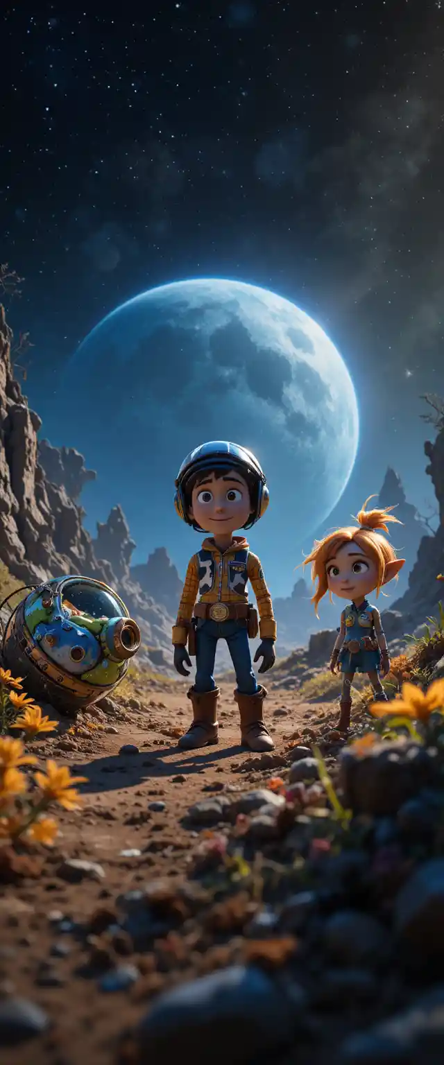 Young boy exploring a wild alien planet with robot