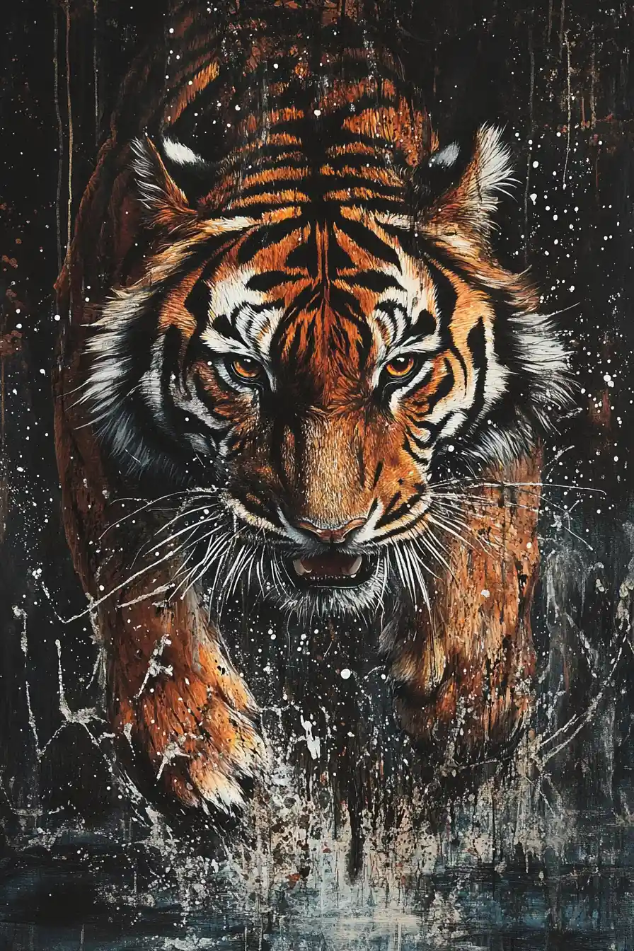 Majestic tiger emerging from a dark inky puddle