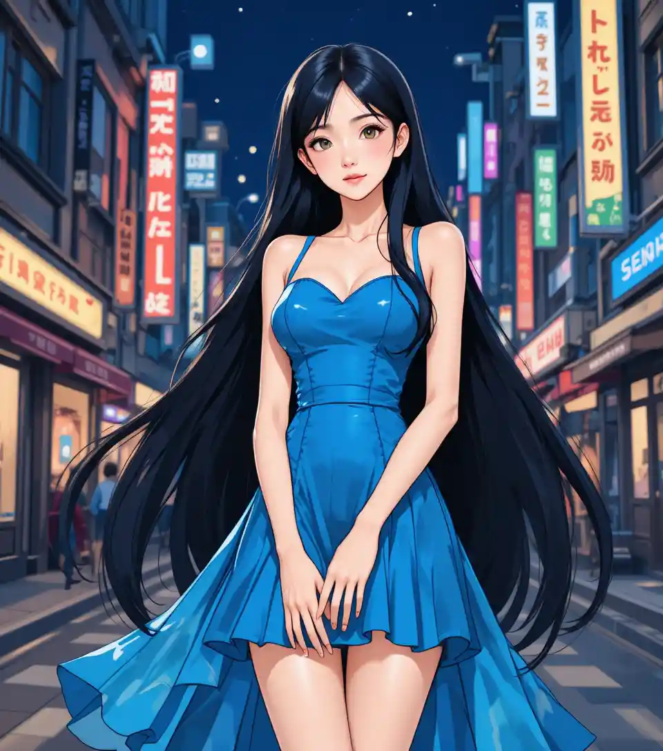 Anime girl in blue dress walking through night city