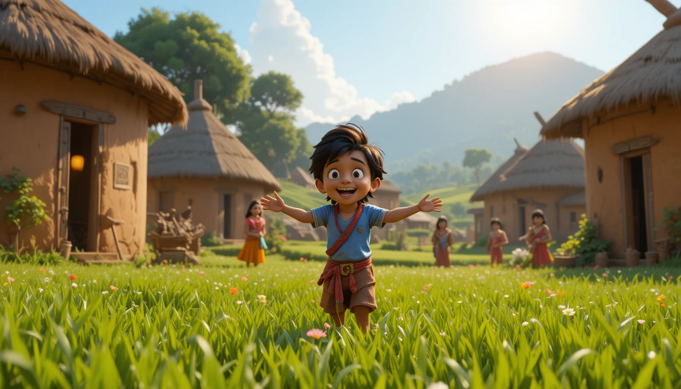 Happy boy playing in a sunlit Indian village field