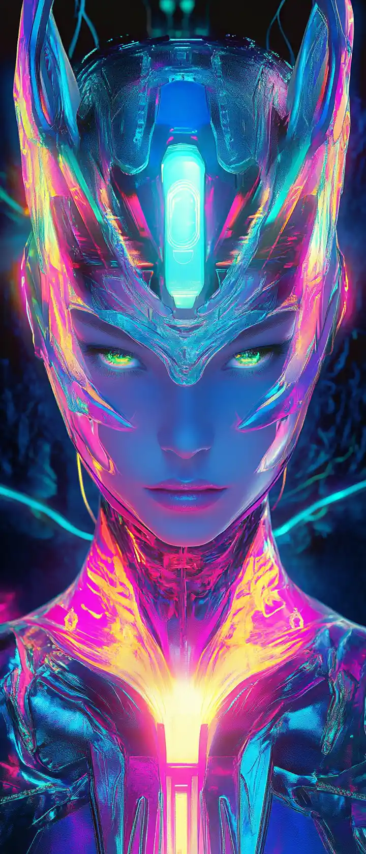 Futuristic armored woman in vibrant neon comic style