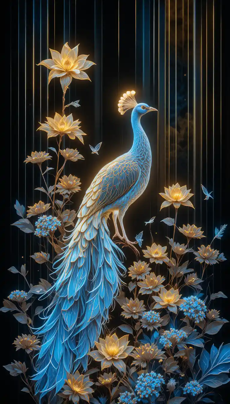 Peacock And Flowering Plants In Neon On Black Background