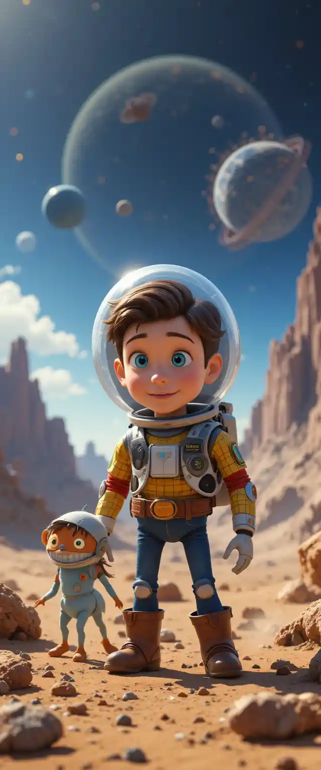 Boy and robot exploring a mysterious alien planet together