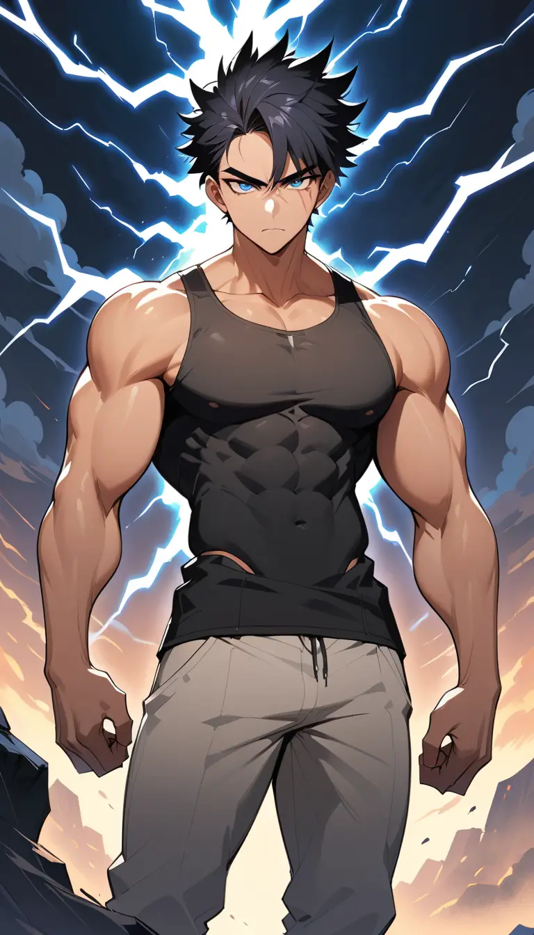 Intense muscular man under stormy sky in manhwa style