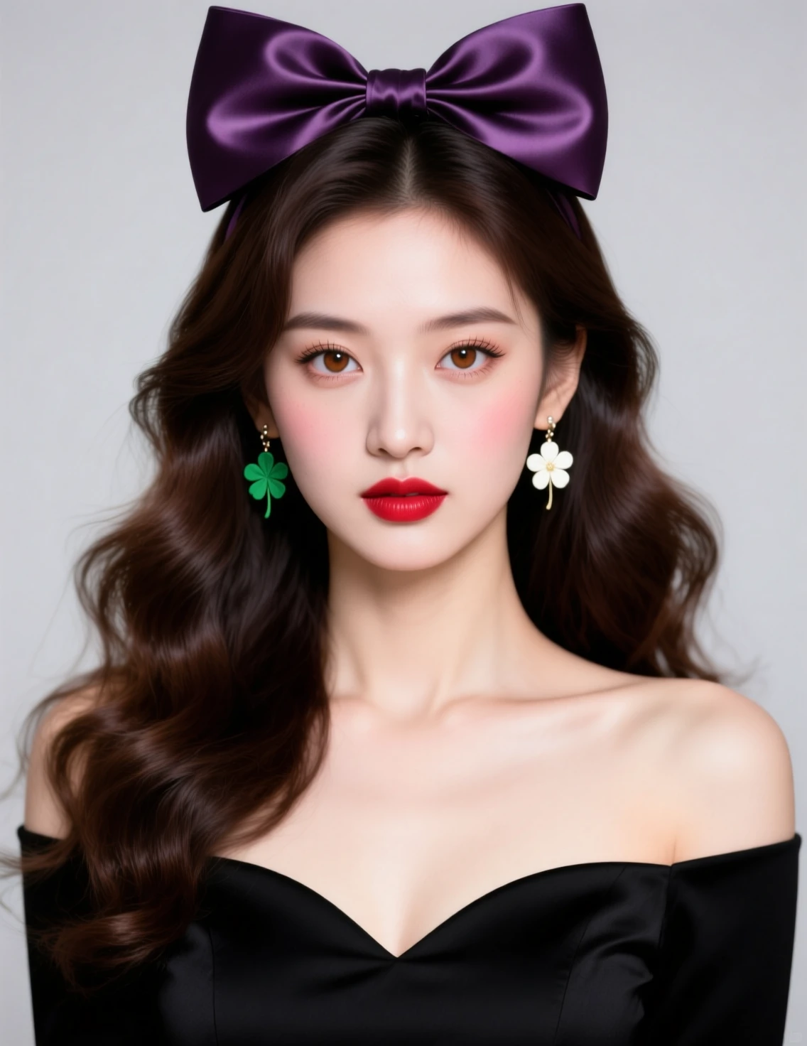 Elegant brunette girl portrait with red lips and bow