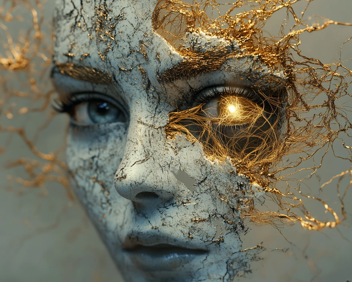 Fragmented golden face with single glowing realistic eye
