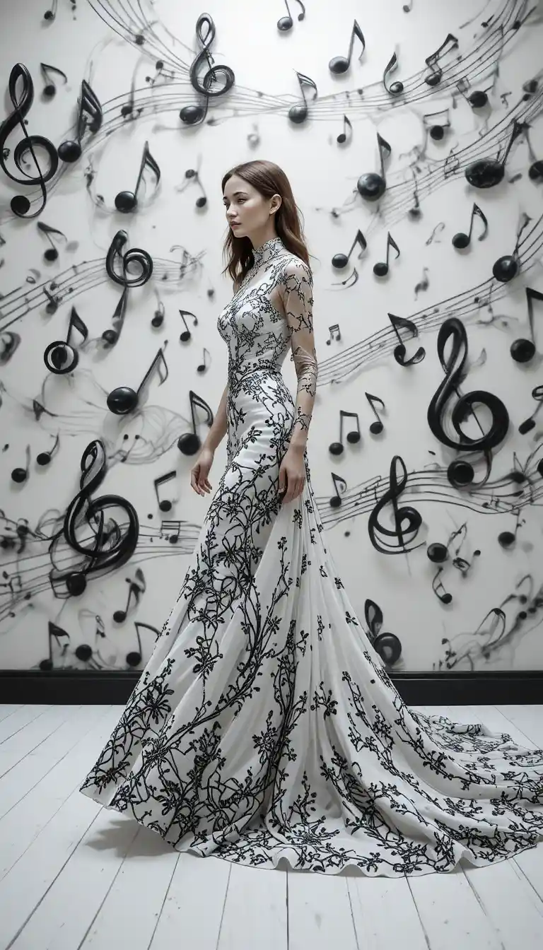 Surreal couture woman walking in monochrome music gallery