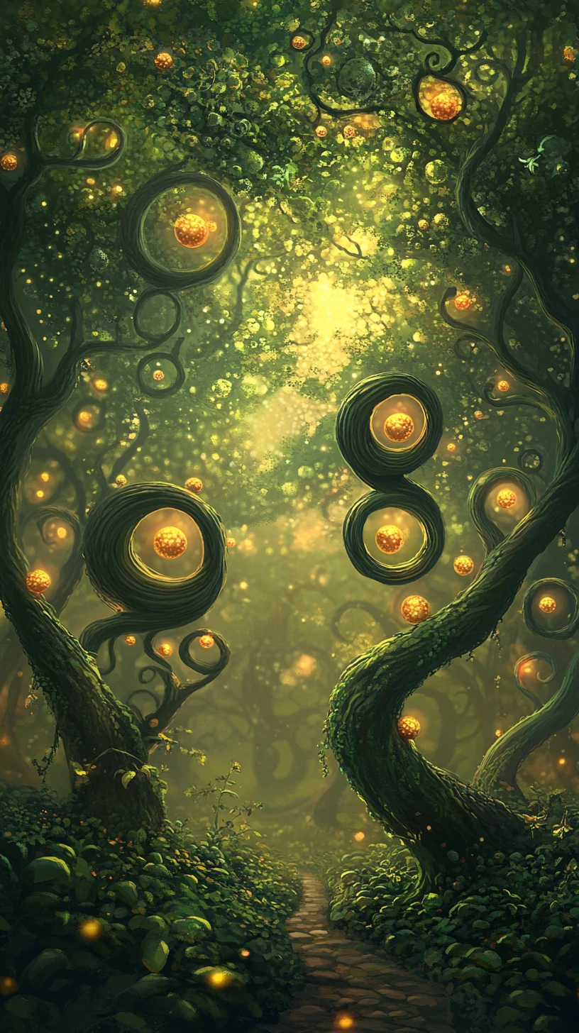 Surreal glowing trees rising in a tranquil dreamlike landscape