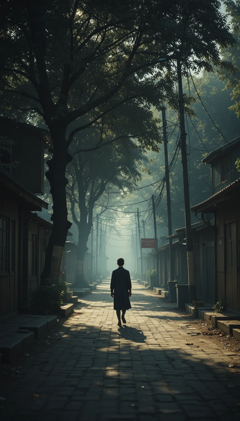 Lonely monkey sitting on an empty street in soft sunlight