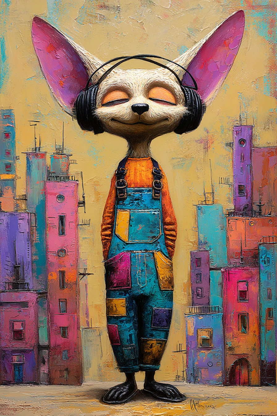 Happy fennec fox in headphones on a summer city street
