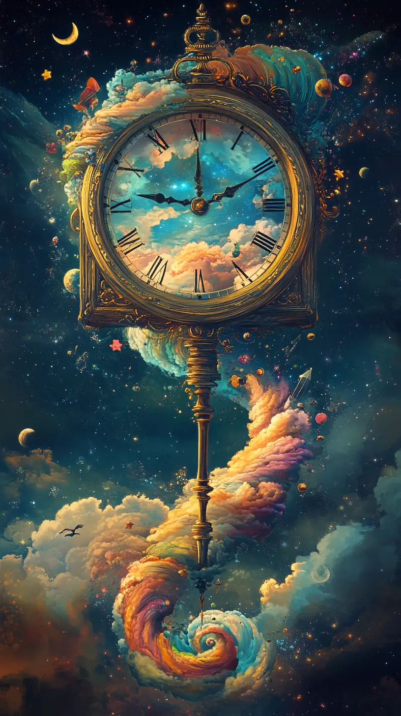 Vintage clock blooming open into colorful spiral clouds