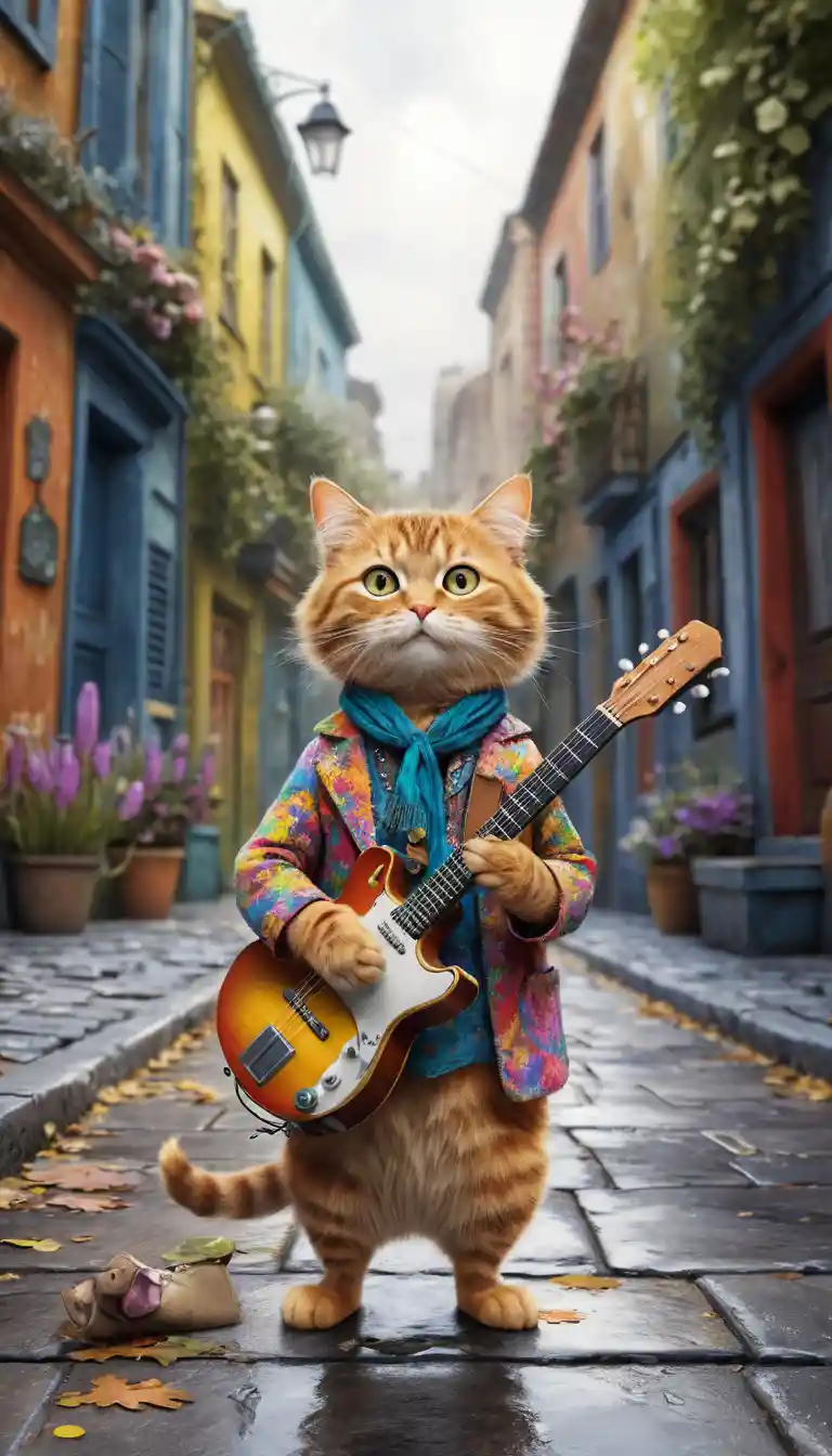Gatto hippy colorato che ascolta musica su un marciapiede di città