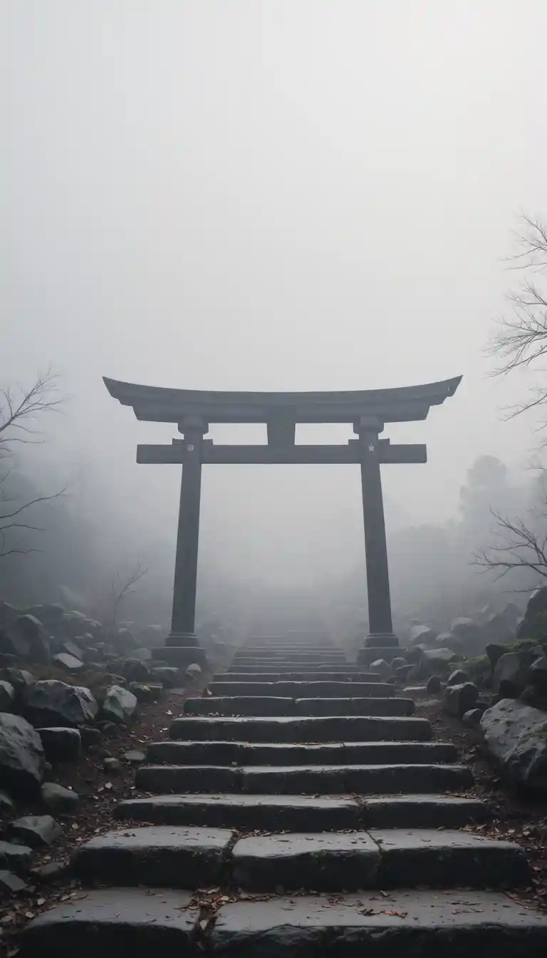 Solitary torii gate on misty mountain shrine steps