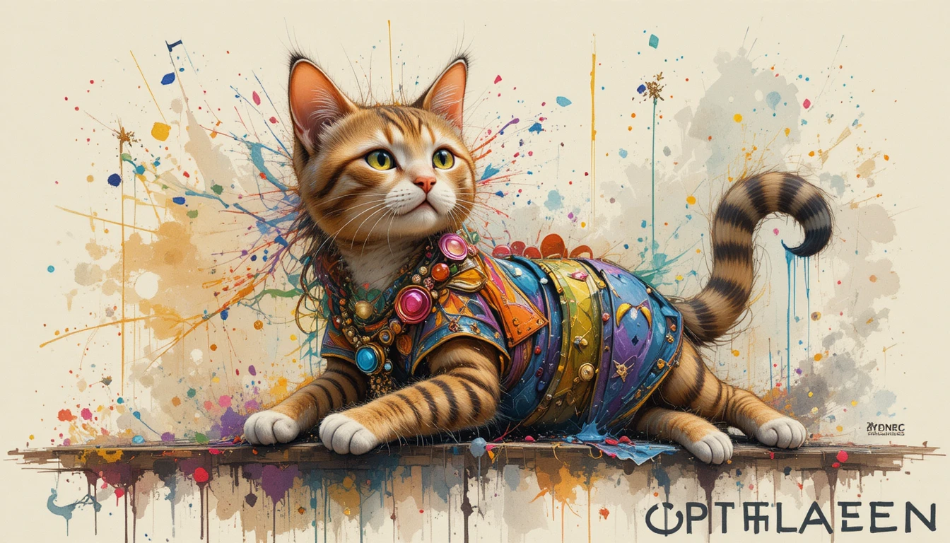 Hippie cat listening to music on a colorful city sidewalk