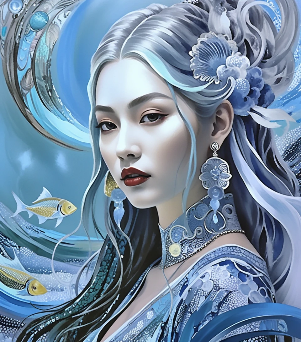 Surreal tattoo inspired portrait of an ainu folklore woman