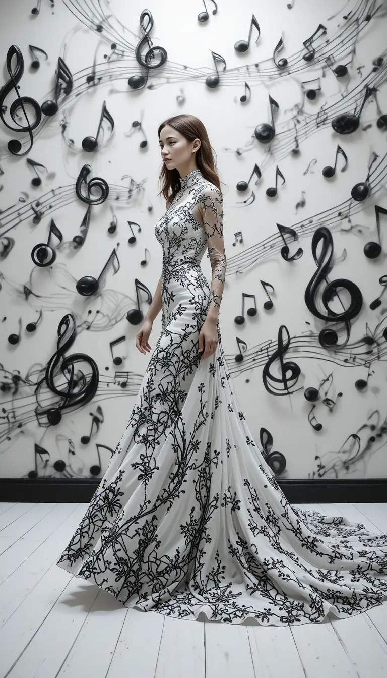 Surreal couture woman walking in monochrome music gallery