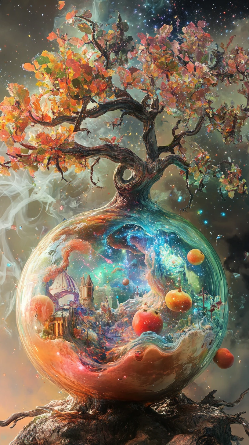 Surreal orchard of translucent fruit holding tiny swirling worlds