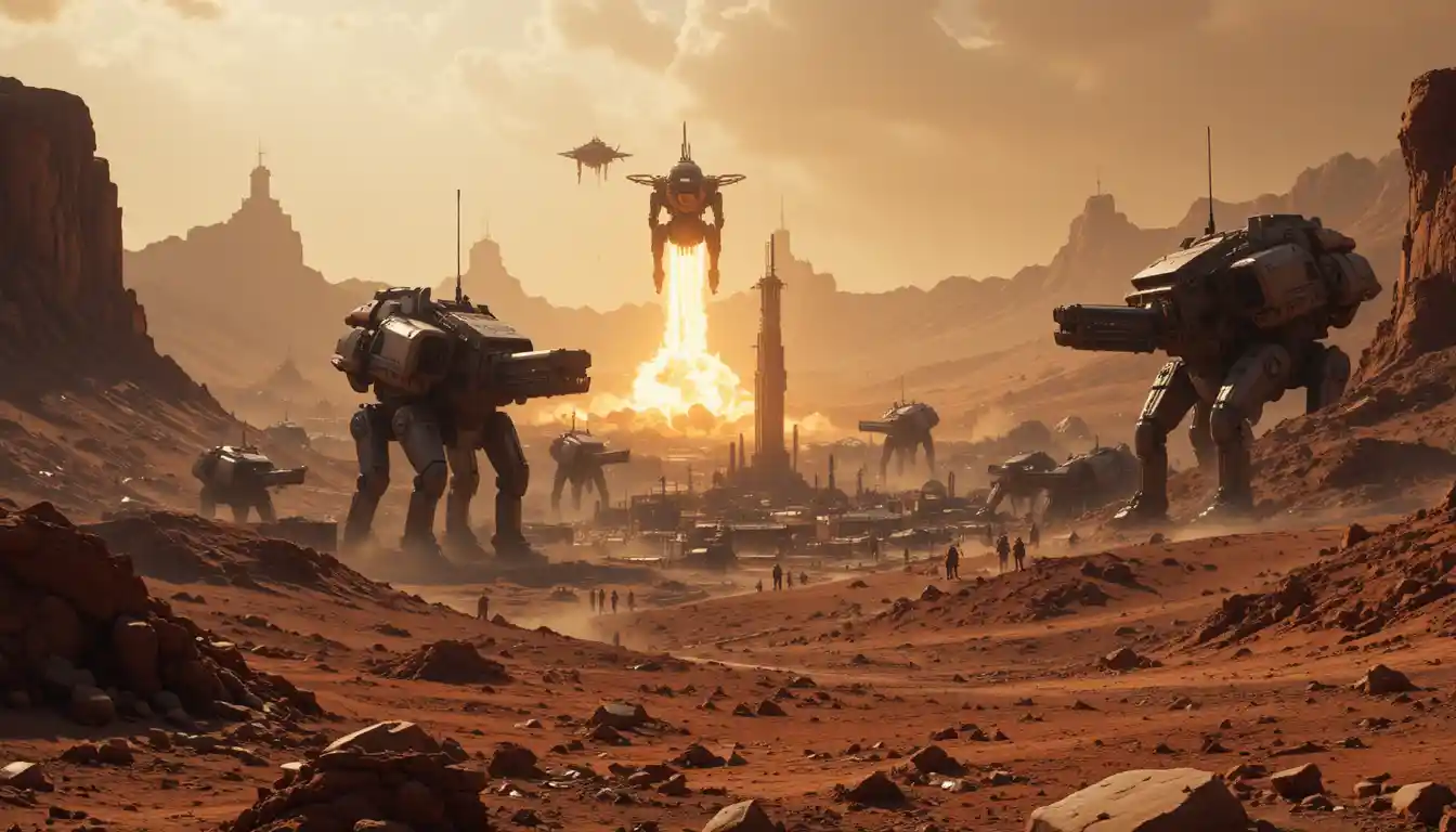 Futuristic War Mechs Battle Above A Burning Martian Colony